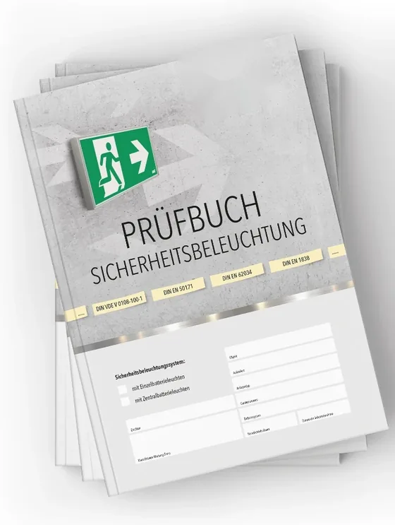 Gedrucktes Prüfbuch für die Sicherheitsbeleuchtung mit Protokollseiten für wöchentliche, monatliche und jährliche Prüfungen