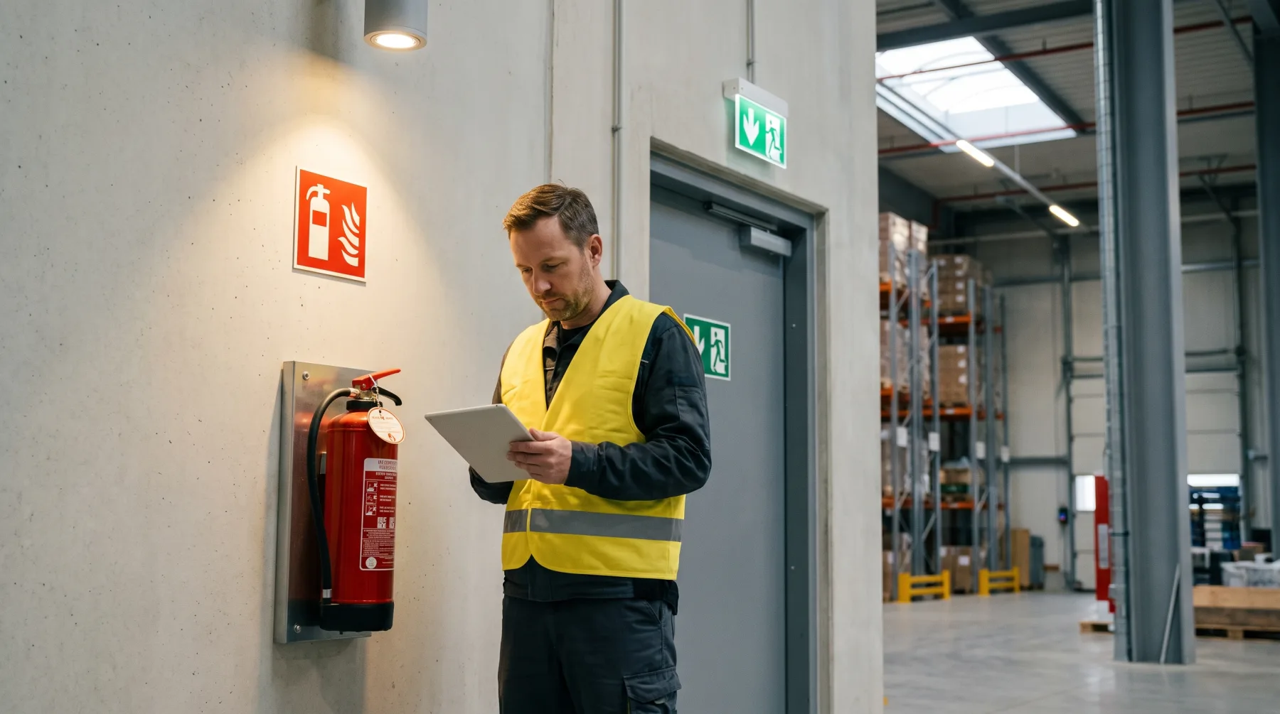 Techniker mit Warnweste dokumentiert am Tablet einen Prüfpunkt: Feuerlöscher mit Brandschutzzeichen, daneben eine beleuchtete Rettungszeichenleuchte über der Notausgangstür